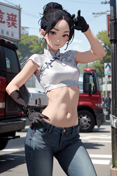 FongLing, 1girl, solo, gloves, black hair, single glove, denim, jeans, chinese clothes, black eyes, hair bun, navel, pants, midriff, 