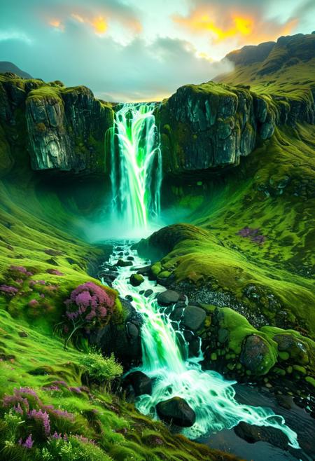 (by Ellen Jewett:1.5), (Bioluminescent Impressionism, Scottish highland  landscape, The Dreamland, green earth, heather, sky sunset, sunrise ,waterfall, ethereal landscapes, depth of field, biotech emotion:1.3) <lora:xl_more_art-full_v1:0.5> <lora:add-detail-xl:1> <lora:RMSDXL_Creative:2>