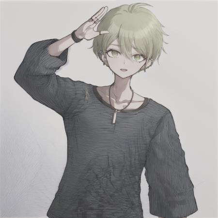 danganronpaRantaroAmami, masterpiece, high quality, (24 years old:1.3), (masculine), masculine face, 1boy, solo, waving,  (white background:1.3), plain background, simple background, short hair, full body visible, pants, shoes, bangs, simple background, white background, hair between eyes, jewelry, green eyes, male focus, earrings, green hair, shiny, necklace, shiny hair, piercing, antenna hair, ear piercing <lora:danganronpaRantaroAmami:1>