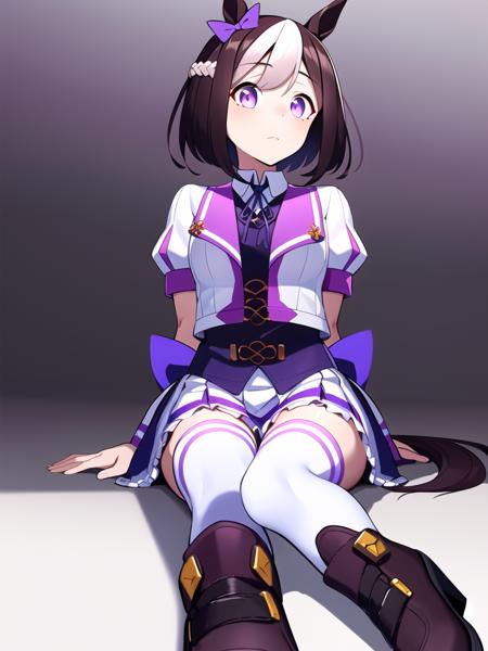 <lora:special_week_lora_v1.0:1> special week \(umamusume\), 1girl, solo, bangs, extremely detailed eyes, beautiful eyes, white thighhighs, wristband, jacket, white skirt, pleated skirt, white jacket, cropped jacket, shirt, vest, shoes, short sleeves, puffy sleeves, short sleeves,  purple braid, , purple ribbon, purple bow, breasts, open clothes, neck ribbon, sit, from below, white background