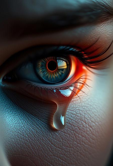 ultra-detailed close-up of a woman's eye, extremely realistic, high resolution, cinematic lighting, glistening tears welling up and rolling down her cheek, soft reflections in the iris, emotional expression, macro photography style, sharp focus on eyelashes and skin texture, dramatic mood, shallow depth of field, skin pores visible, 8k, photorealism