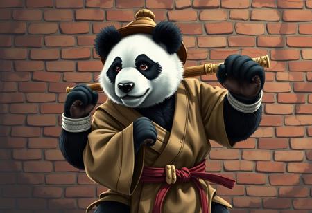 Create an image of a panda bear in a heroic Muay Thai stance, holding a baseball bat and wearing World of Warcraft-inspired, themed robes and a hat, with a cracked brick wall background in the style of 1940s anime. The image should be highly detailed, with a focus on showcasing the panda's strength and agility. The art style should be reminiscent of Sifu and Warcraft, with a mix of realistic and stylized elements. The final image should be in 4K or 8K resolution and feature a master painter level of detail.