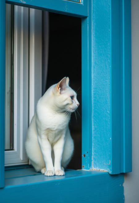 (Soft Lighting Photography by Mimoza Veliu and Mario Giacomelli:1.2), NSFW, a cat sitting besides the window, The window frame painted in a matching blue with subtle metallic highlights, adds depth and balance to the composition. The overall aesthetic is simple yet impactful, emphasizing the contrast between the vivid blue and the clean, soft white of the cat, creating a visually captivating and serene atmosphere, a minimalistic and striking scene.