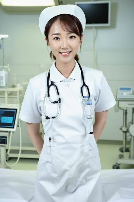 Inside a modern operating room, a young Korean nurse wears white nurse uniform with nurse cap, with a gentle smile on the face. Full body.
 <lora:nurse_uniform_xl_v1-000003:1>