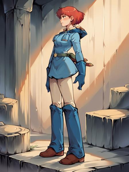 nausicaa, 1girl, red hair, short hair, uniform, gloves, boots,  animal on shoulder