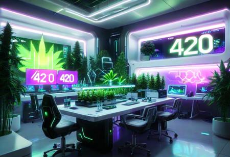 masterpiece,high quality,
420futurism,    <lora:420FuturismXL:0.8>
,lab, no humans, scenery, plant, chair, monitor, indoors, table, computer, tree, window, "420" text,futuristic,cyberpunk.neon light