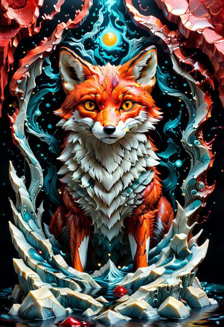 Liquid Marble, pen and ink, liquid ink, best quality, double exposure, vintage triadic red colors, "THE FOX" tarot card, eerie and detailed image, Craola, Dan Mumford, Andy Kehoe, 2d, plan, vintage, art in cracked paper, patchwork, detailed storybook illustration, cinematic, ultra highly detailed, mystical, luminism, vibrant colors, complex background<lora:xl_more_art-full_v1:0.5>