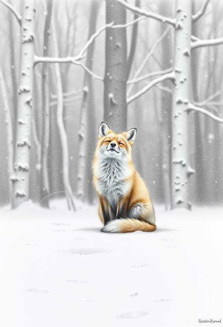 Pencil sketch. A lone fox sits peacefully in a snowy forest clearing. The fox's fur is thick and warm, its eyes half-closed in bliss. Snowflakes fall gently around it. Cool whites and silvers, hushed atmosphere, Roeselien Raimond, minimal composition, high contrast, best quality, a masterpiece, 4k resolution.