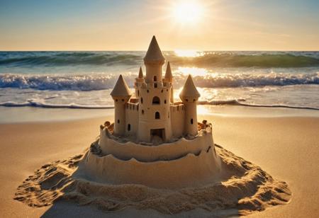 digital art, 
professional photo: a small handmade sand castle stands on the seashore, 
waves wash it away, 
dawn. the sun's rays play, 
fall on the castle, 
play of light and shadow, 
splashes, 
sun glare, 
close-up, 
hyperrealistic, 
HDR