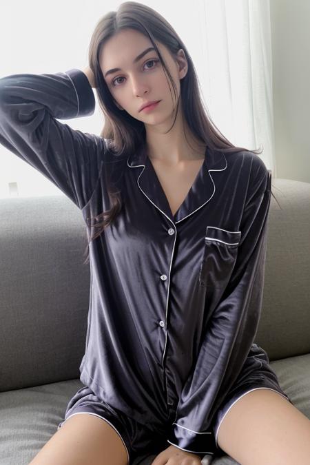 RAW photo of a 20 y.o woman, average looking person, dark hair, alternative style, e-girl, grunge, ((wearing pajamas)), sleepy eyes, (pale skin), (detailed face), thin body, large breasts, ((half body)), ((lying on the couch)), resting, (high detailed skin:1.2), 8k uhd, dslr, soft lighting, high quality, film grain, Fujifilm XT3