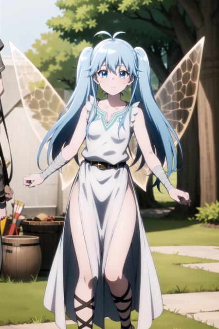 best quality, masterpiece, detailed,
<lora:chara_BenriyaSaitousanIsekainiIku_Lafanpan:0.8>, lafanpan,
closed mouth, light blush,
twintails, blue hair, long hair, ahoge, blue eyes, (wings:1.2),
collarbone, small breasts, white dress, belt, bandages, wrist wrap, sleeveless, gladiator sandals,
standing, looking at the viewer,
fantasy, grass field, forest