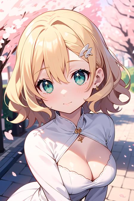 anime screencap, masterpiece, best quality, elegant, beautiful eyes, cute face, gorgeous face, perfect body, digital photography,
medium hair, wavy hair, blonde hair, green eyes, white dress, medium breasts, narrow waist, glitter, hairpin, cleavage cutout, 
close-up, outdoors, cherry blossoms, street,