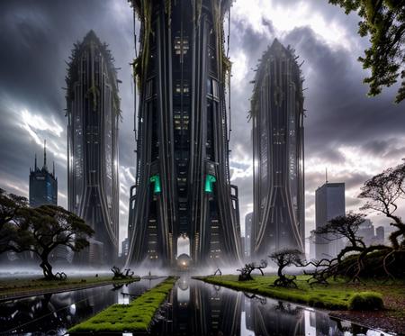 "An abandoned futuristic city slowly reclaimed by nature, colossal sci-fi skyscrapers crumbling under the weight of massive, twisted vines and glowing bioluminescent plants. Cracked metallic structures covered in moss, shattered glass towers overtaken by enormous tree roots, alien flora blossoming through rusted machinery. Mist floats between the ruins, casting ethereal light beams through broken ceilings. Hyper-realistic textures: oxidized metal, damp stone, glistening foliage, reflective water puddles. Wide-angle cinematic view, deep atmospheric perspective, extreme detail, hyperrealism, hauntingly beautiful mood."
