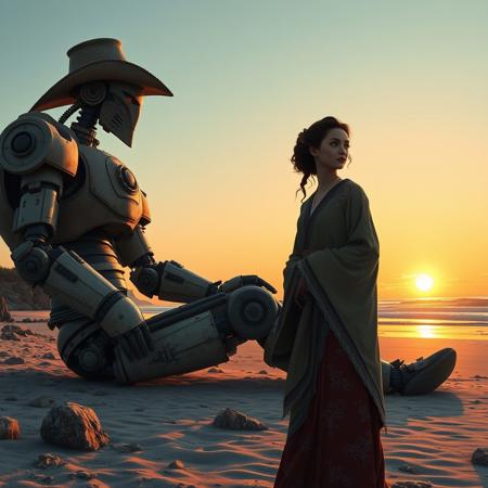 A giant robot cowboy sits on a beach, barnacle-covered robot. robot wears cowboy hat. A beautiful woman in traditional priestess robes stands in the foreground, thoughtful. seascape in background. sunset sky. In the style of cowboy bebop.