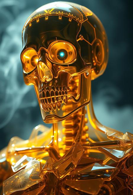full body,close up ultra detailed translucent crystal and polished golden sculpture of a male necromancer, (holographic skeleton face), (cyborg mechanical eyes:1.5),(translucent muscle:1.3),volumetric fog, hyperrealism, breathtaking, ultra realistic, ultra detailed, cyber background, cinematic lighting, highly detailed, breathtaking, photography, stunning environment, low-angle_shot