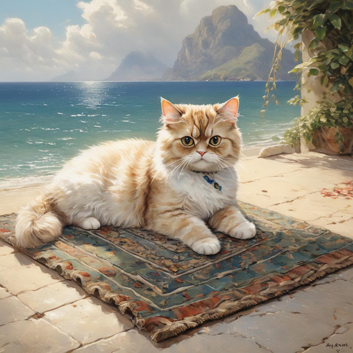 An orange and white cat sitting on a rug near the ocean.