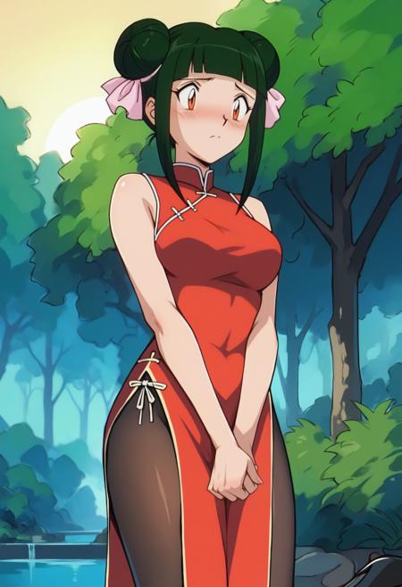 anime screencap, anime coloring, PMCassandra, orange eyes, green hair, blunt bangs, double bun, sidelocks, hair ribbon, pink ribbon, chinese clothes, white shirt, short sleeves, red pants, capri pants, black footwear, 