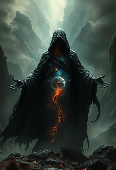 A universe inside a dark cloaked figure within mysterious landscape in an unfathomable realm of fantastic creation inhabited by ancient shadows of a forgotten time beyond the gate of the gateless gate where life is limitless, light is shadow and shadow is light, eerie sense, horror, spark of the beginning, existence and nonexistence at once, ethereal, outstretched arms, behold the end of the beginning, inglorious glory to the dark one, betrayal of the ancient order, beware the 7headed beast, black dragon king of the old ways