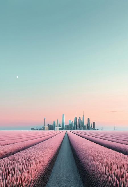 surreal landscape, muted colors, dreamlike fields, modern city skyline, soft gradients, simplified forms, Scandinavian influence, surreal geometry, mystical atmosphere, minimalistic detail, vast open space, existential contrast, pastel sky, introspective mood, timeless composition