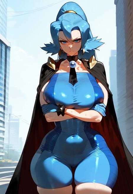 score_9, score_8_up, score_7_up, zzClair, solo, 1girl,  long hair, blue hair, blue eyes, ponytail, blue bodysuit, black cape, blue gloves, 1woman, mature woman, curvy body, look at viewer, frown, glossy hair, glossy skin, sweat, cameltoe, skindentation, thick thighs, massive breasts, wide hips, huge ass, ((ass visible through thighs, thigh gap)) standing, sexy pose, outdoors, city, street,  front view, high detail, detailed face, detailed body, highly detailed, crossed arms