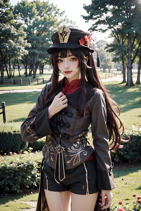 <lora:Hutao:0.7>, hu_tao, cowboy shot, beautiful girl, hat, hat flowers, brown long sleeves coat, black shorts, standing, long brown hair, outdoors, sunshine, lawn, flowers, sunny, lake, park,