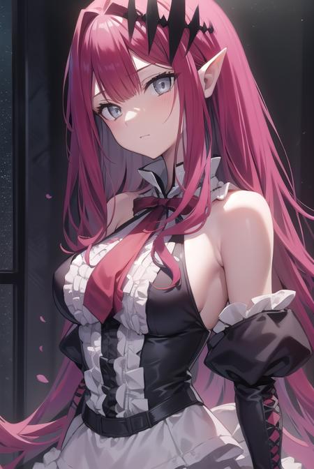 baobhan sith, (grey eyes:1.5), long hair, pink hair, pointy ears, cross-laced clothes, cross-laced dress, cross-laced legwear, detached sleeves, dress, pink dress, frilled dress, frills, hair ornament, red ribbon, red sleeves, ribbon,