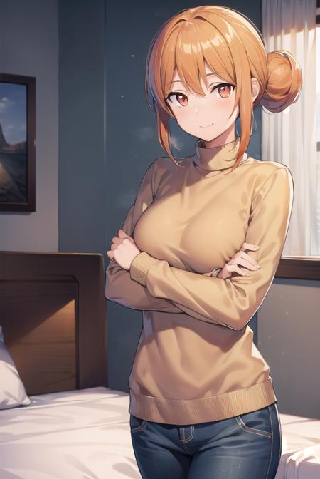 yuigahamama, <lora:yuigahamama-lora-nochekaiser:1>,
yuigahamama, hair bun, mature female, (orange eyes:1.5), orange hair, short hair, single hair bun, hair between eyes, sidelocks, smile,
BREAK denim, jeans, pants, sweater, turtleneck, turtleneck sweater, white sweater,
BREAK indoors, bed,
BREAK looking at viewer, (cowboy shot:1.5),
BREAK <lyco:GoodHands-beta2:1>, (masterpiece:1.2), best quality, high resolution, unity 8k wallpaper, (illustration:0.8), (beautiful detailed eyes:1.6), extremely detailed face, perfect lighting, extremely detailed CG, (perfect hands, perfect anatomy),