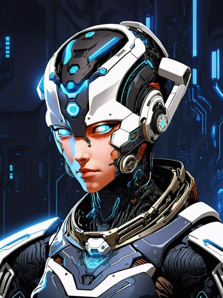 graphical anime portrait of A cybernetic mercenary, part-human, part-machine:1.5, in a futuristic dystopia:1.5, with cyber-enhanced limbs:1.5, a cold, calculating expression:1.5, and a tumultuous past:1.5., Tech-infused , <lora:Fusion_Graphic_SDXL:1>