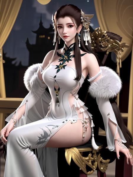 long hair, dress,earrings, bare shoulders, jewelry, detached sleeves, chinese clothes, standing,tassel earrings, thigh boots, fur trim,choker, cityscape, night,looking at viewer, mature female,  <lora:CFyyyXG_20230718200648-000015:0.8>,hair ornament, sitting,chair,