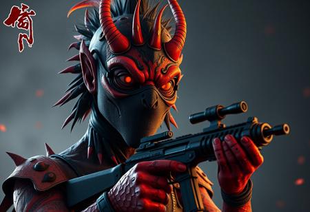 "Create a highly detailed, vibrant character design of an eldritch monster with a gun, donning a black mask. Aim for a cinematic look with unreal engine 5, incorporating intricate hyper realism and the golden ratio. Add unique character details such as glasses and a bullpup weapon. Draw inspiration from artists like Artgerm, Ross Portrait, and Vektroid. Optimize for 8k resolution and a striking red/orange color scheme, reminiscent of Studio Ghibli's style. Make it trend-worthy for ArtStation and Instagram."