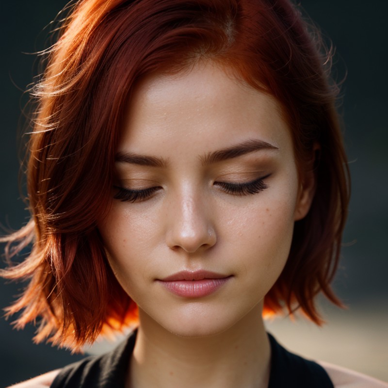 face closeup,closed eyes,redhead,dark theme, detailed skin, empty background