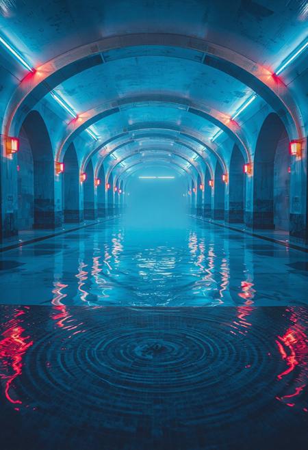 An infinite blue-tinted pool area with repeating archways, crystal-clear stagnant water reflecting neon lights, wet concrete textures, mist floating above the surface, no visible exits, distant echoes of splashing but no people, cinematic wide-angle shot, dreamlike but unsettling, backrooms poolrooms core, hyper-detailed ripples, vaporwave lighting, something submerged barely visible