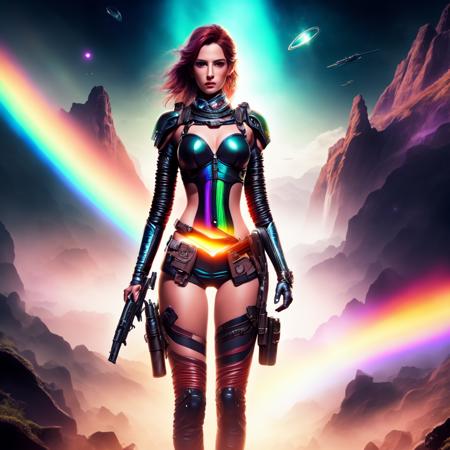 an attractive woman [gunslinger:bounty hunter:0.4] standing in a scifi wilderness (rainbowfusion style:1) <lora:djzRainbowFusion_LB2:0.8>