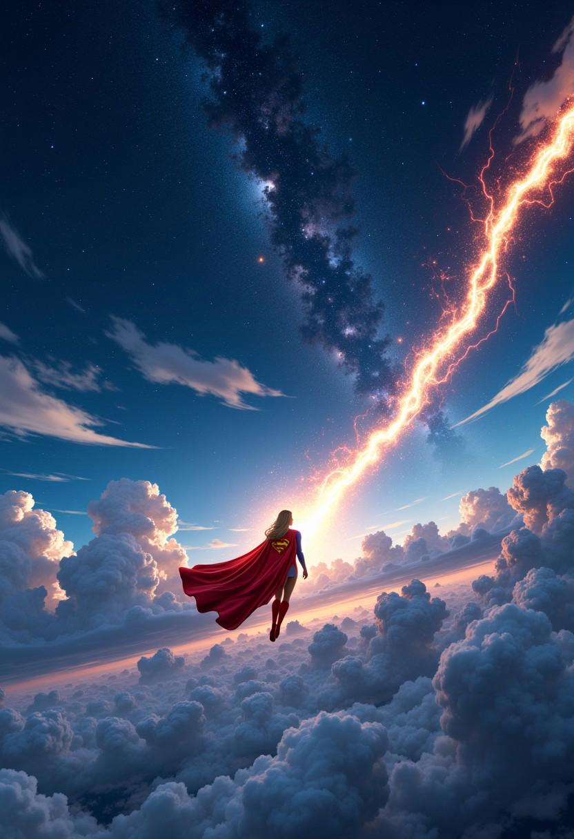 A lone, awe-inspiring figure streaks across the sky, her cape shimmering in shades of blue and red. Supergirl overwhelms the heavens with her graceful yet formidable flight, trailing a glowing meteor-like tail of power.
Known as the Guardian of the Skies, she was unmatched in her abilities, a heroine born once in a century. Those who challenged her, who sought to test her strength, were humbled by her might, their defeat echoing across the stars.
It is said the constellations themselves honor her victories.
'As we chase our dreams, we soar through the sky, weaving the hopes of tomorrow,' she said to me in quiet, determined tones.
'The protector who desires peace more than anyone, who sacrifices everything, who flies faster and higher than anyone else.
Like a melody spinning through the cosmos, she forges new paths in the starry expanse, leaving behind trails of shimmering light.'