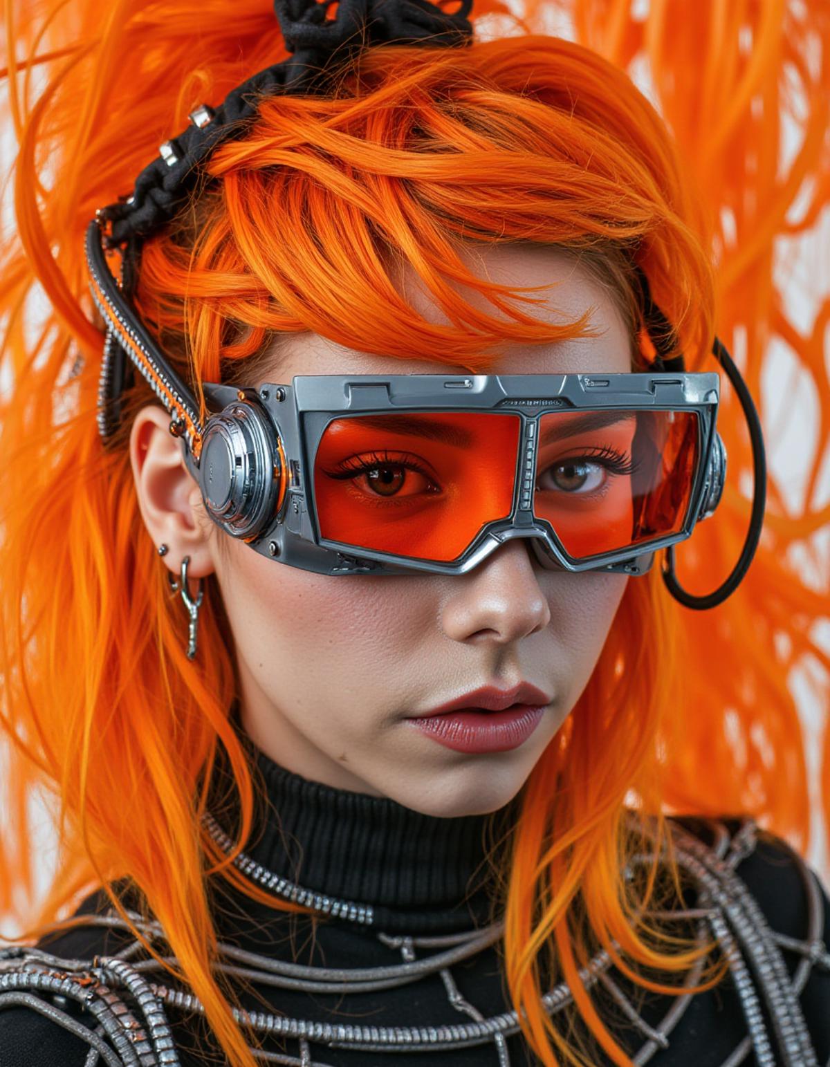 Cyberpunk portrait of a woman with an enigmatic expression, featuring vibrant orange hues, futuristic hairstyles, and sci-fi elements. The mysterious figure is adorned with silver goggles and sunglasses, creating an intricate composition with a touch of elegance.