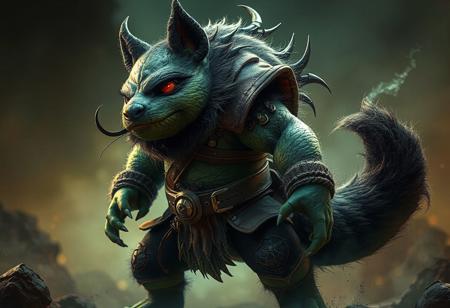 "Imagine a captivating, full-body portrait of the Magician of Black Chaos, named hy-gogg, in a dynamic action pose. The magician, with a robust and stocky build, has a full perfect face and an intriguing dipstick tail. The artwork, inspired by the style of Muqi and the badger badger, features a harmonious green and brown color palette with orange and teal lighting. Made in 2019, this artwork boasts high-resolution, 4K quality with sharp lines, stunning colors, and lifelike details. The magician stands in an attractive background, with a creative angle, intentional focus, and dynamic dramatic lighting. Rendered using Octane Render and Unreal Engine 5, this artwork reflects a cinematic dystopian atmosphere, aiming for a trending post on Artstation and CGSociety. The magician's detailed eyes and clothing, as well as the vivid emotions, powerful message, and 8k texture, make this a must-see artwork."