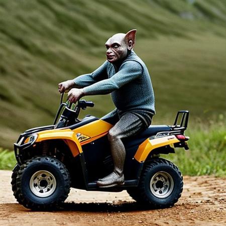 A full body photo of gollum, aka smeagol, he's carrying an Uzi and riding an ATV, 
It looks cute and adorable yet fierce at the same time, realistic, funny, 
highest quality, exceptional accuracy and realism,
