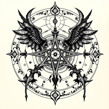 Ink style, intricate occult symbolism, esoteric, golden dawn, thelema, chaos magick