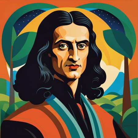 vector art, style of Tarsila do Amaral Isaac Newton, flat color