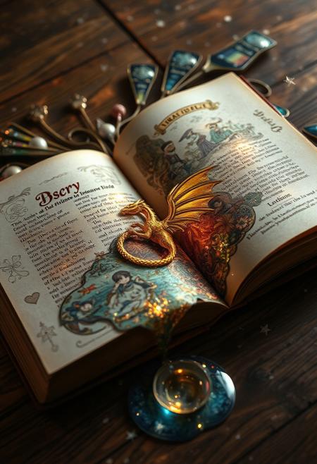 An opened storybook lies on a worn, wooden table, its pages spilling out a kaleidoscope of enchanting imagery. The illustrations, once confined to the pages, now begin to seep and spread, like a puddle of imagination and magic, across the surrounding surface. Delicate, swirling patterns and vibrant, shimmering colors mingle and blend, as if the very fabric of reality is being rewritten. A tiny, golden dragon, its scales glinting in the light, emerges from the pages, its wings unfolding like a delicate, paper-thin fan. Nearby, a sprinkle of glittering, silver stars twinkles, as if the night sky itself has been distilled into this tiny, shimmering pool. Every detail of the scene is meticulously rendered, from the intricate, hand-drawn illustrations to the worn, leather binding of the book. The overall effect is one of breathtaking, whimsical wonder, as if the boundaries between reality and fantasy have been blissfully blurred. highest-Quality, intricate details, visually stunning, Masterpiece