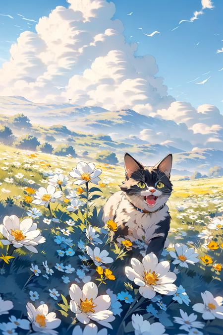 no humans, flower, outdoors, yellow flower, sky, animal focus, field, flower field, day, cloud, blue sky, looking at viewer, tongue, tongue out, cat, animal, open mouth<lora:Flower field_20230729165144:0.82>