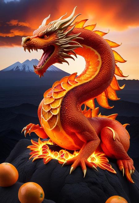 <lora: Orange And Citrus Style:0.9> A majestic Chinese dragon made entirely of blood oranges, fiercely breathing orange fire, perched on top of an erupting volcano spewing orange lava. The dragon's body is intricately sculpted from orange segments and citrus peel, glowing in radiant orange hues. Its head, made of large blood oranges, has citrus fruit eyes that shine brightly. From the dragon's open mouth, powerful bursts of orange flames emerge, merging with the erupting orange lava flowing down the volcano’s sides. The scene is set against a fiery orange sky, with swirling orange clouds and glowing lights. The volcano erupts with glowing streams of citrus lava, creating a dramatic contrast with the serene, surreal orange atmosphere. The entire composition is highly detailed, surreal, and magical. Ultra-detailed, anime-style, fantastical.