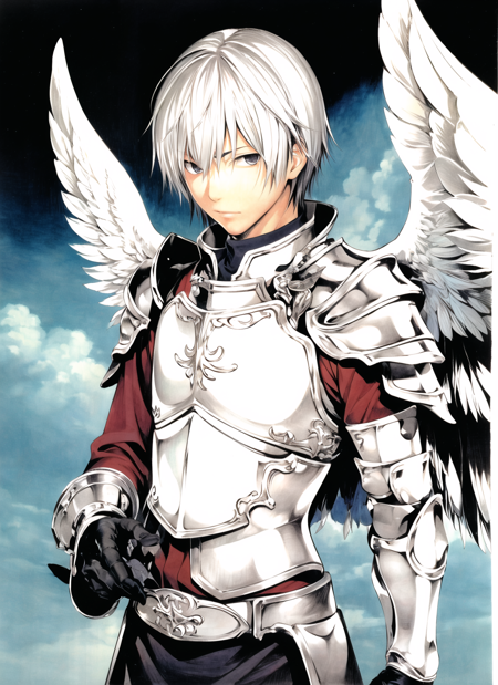 obata takeshi, masterpiece, best quality, 1boy, angel wings, armor, black gloves, chest armor, feathered wings, multiple wings, white hair, solo 
 <lora:obata_takeshi_offset:1>