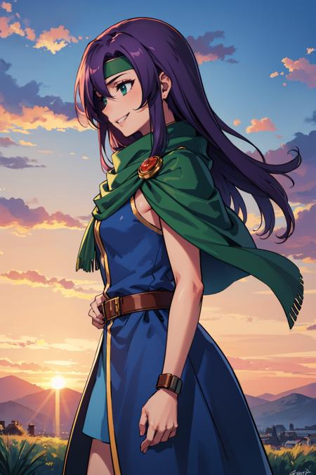 masterpiece, best quality, farisscherwiz, purple hair, headband, green cape, scarf, blue dress, bracer, short dress, belt, cowboy shot, from side, grin, sky, sunset, clouds <lora:faris-nvwls-v1-000010:0.9>