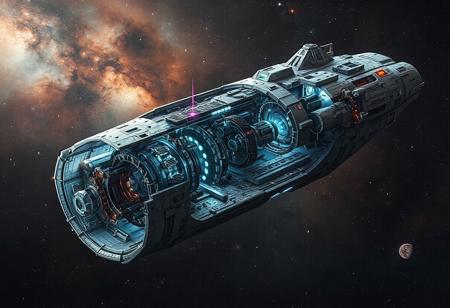 hyperrealistic, spaceship, A huge starship with a cut-away view showing cockpit, pistons and led's and circuit boards and motors, galactic nebula background. sliced in half