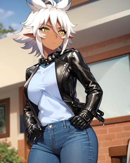 <lora:Zest:1>
1girl, solo, zste, leather jacket, blue shirt, jeans, pointy ears