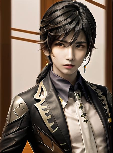 masterpiece, best quality,zhongli \(genshin impact\), earrings, 1boy, formal, jewelry, suit, long hair, tassel, gloves, solo, single earring, long sleeves, ponytail, bangs, male focus, jacket, closed mouth, black gloves, necktie, looking at viewer, collared shirt <lora:Zhongli:1>