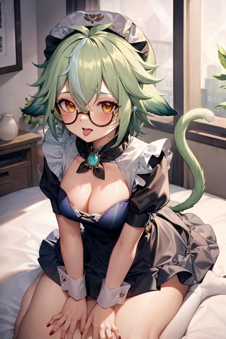 masterpiece, best quality, <lora:sucrose:1>,1girl, animal ears, tail, solo, maid, breasts, cat ears, cat tail, maid headdress, glasses, open mouth, tail ornament, green hair, looking at viewer, apron,dress, cleavage, wrist cuffs, frills, multicolored hair, short sleeves, black dress, alternate costume, blush, enmaided, maid apron, cat girl, all fours, medium breasts, tail raised, long hair, streaked hair, jewelry, bangs, white apron, puffy sleeves, frilled dress, orange eyes, hair between eyes, vision (genshin impact), puffy short sleeves, semi-rimless eyewear, animal ear fluff, frilled apron, nail polish, tongue, ponytail, detached collar, antenna hair, full body, teeth, yellow eyes, gem, tail ribbon, kemonomimi mode, green tail, round eyewear, bell, two-tone hair