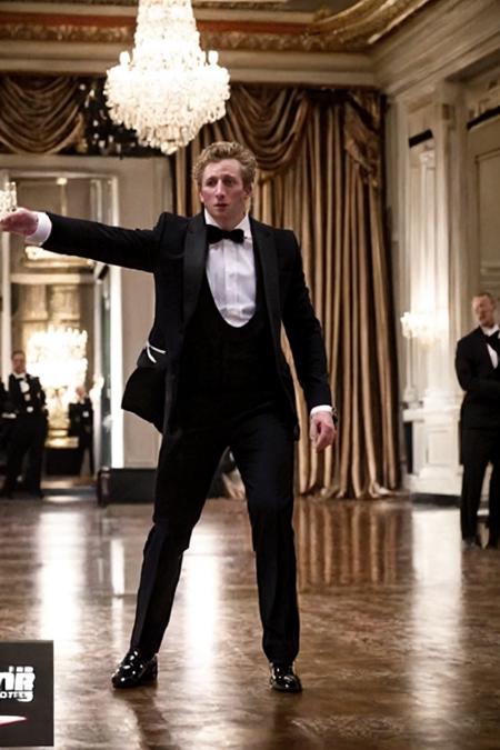 A photo of  jeremywhite ((wearing black tuxedo)), in a grand ballroom with chandeliers, dynamic pose, rim lighting, dramatic lighting, bokeh, actionhelper, aslanscifi-v1