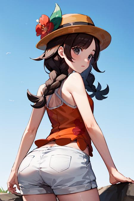 masterpiece, best quality, highres, selene2, 1girl, solo, white shorts, selene \(pokemon\), twin braids, shirt, hat flower, long hair, bangs, red flower, orange shirt, eyelashes, sleeveless, brown hair, brown headwear, grey eyes, sleeveless shirt, short shorts, jewelry, floral print, <lora:selene_(pokemon)_v1:0.6>, stading, ass, from behind,